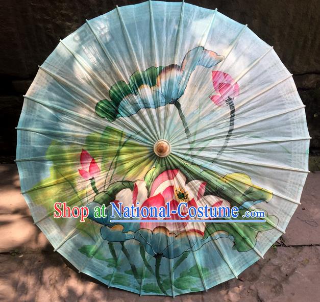 Traditional China Handmade Umbrellas Artware Painting Lotus Umbrella Light Blue Oil Paper Umbrella