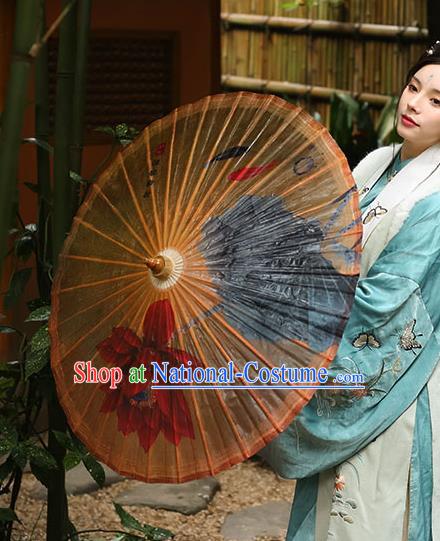 Traditional China Stage Show Umbrella Hand Umbrellas Artware Ink Painting Red Lotus Oil Paper Umbrella