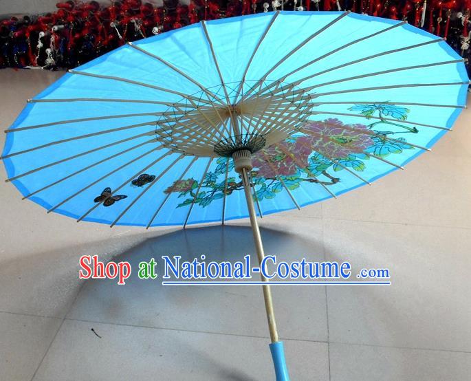 Chinese Classical Painting Peony Umbrella Wedding Umbrellas Traditional Hanfu Blue Silk Umbrella