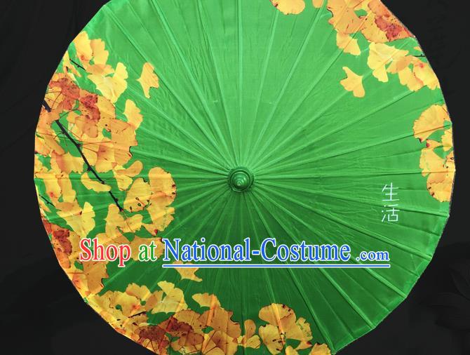 Chinese Classical Painting Ginkgo Leaf Umbrella Dance Umbrellas Traditional Hanfu Green Silk Umbrella