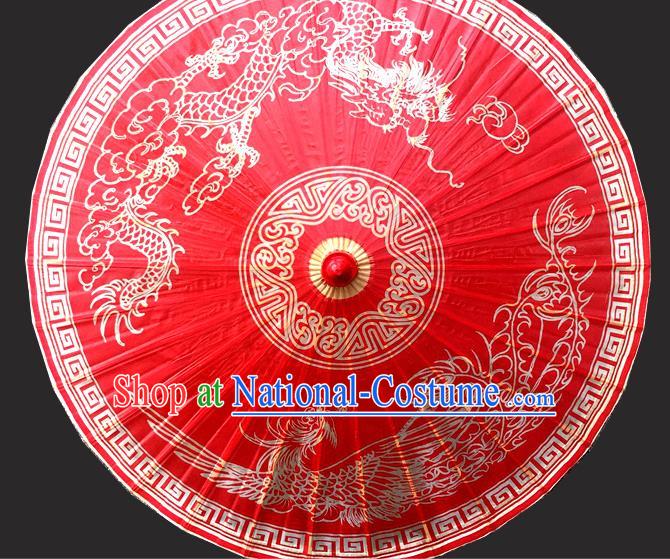 Traditional China Wedding Umbrella Painting Dragon Phoenix Oil Paper Umbrella Handmade Red Umbrellas Artware