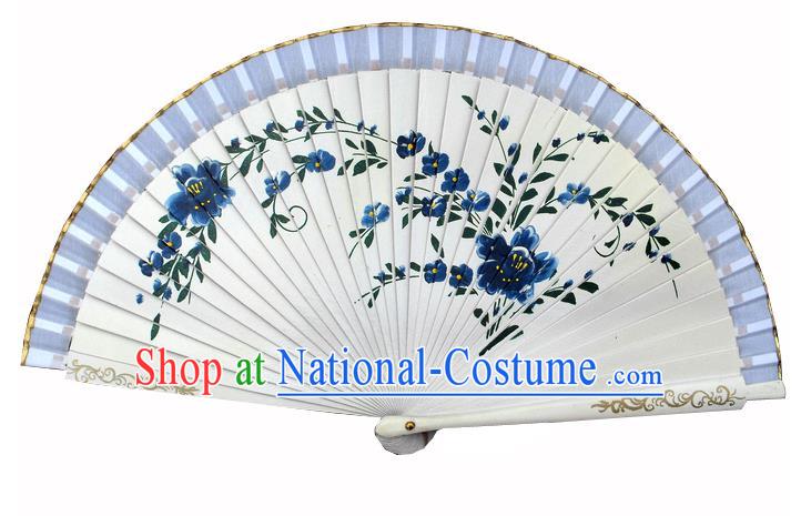 Handmade China Traditional Printing Blue Flowers Folding Fan Wood Fan Silk Accordion