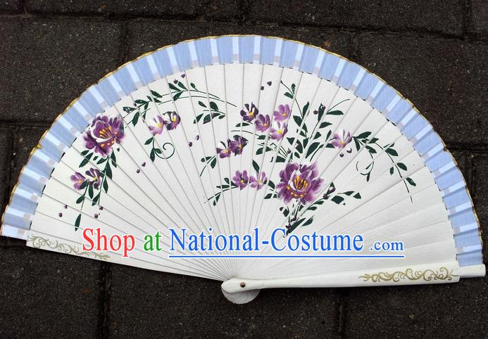 Handmade China Silk Accordion Traditional Printing Purple Flowers Folding Fan Wood Fan