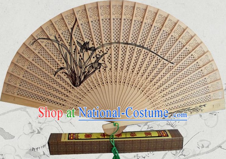 Handmade China Wood Fan Ink Painting Orchids Accordion Traditional Folding Fan