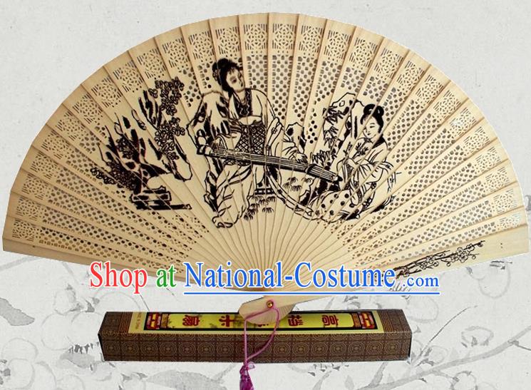 Handmade China Ink Painting Palace Beauty Accordion Traditional Sandalwood Folding Fan Wood Fan