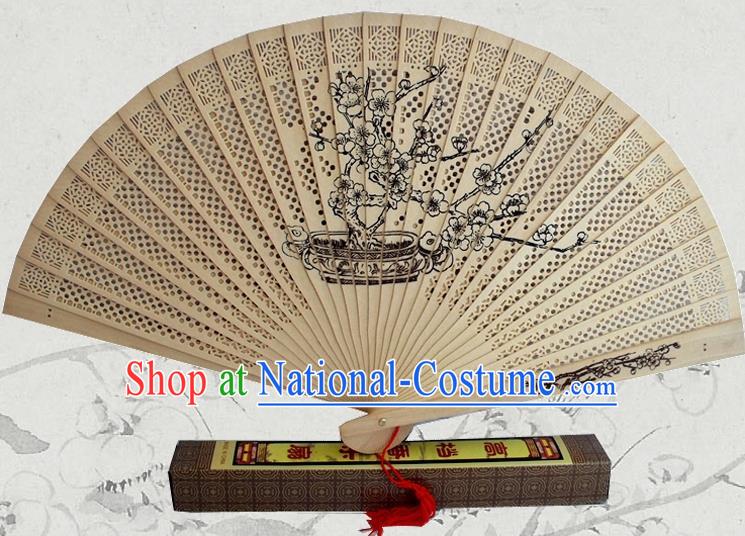 Handmade China Traditional Sandalwood Folding Fan Wood Fan Ink Painting Plum Blossom Accordion