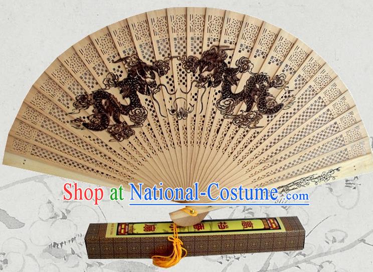 Handmade China Pierced Wood Fan Ink Painting Dragons Accordion Traditional Sandalwood Folding Fan