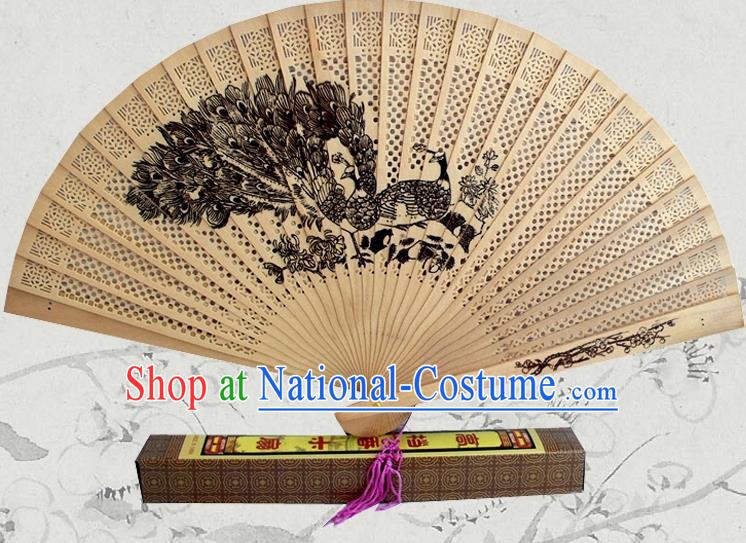 Handmade China Traditional Sandalwood Folding Fan Pierced Wood Fan Ink Painting Peacock Accordion