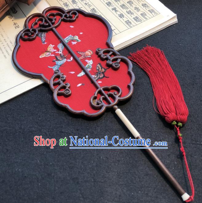 Handmade China Embroidered Red Silk Fan Traditional Wedding Fan Embroidery Butterfly Palace Fan