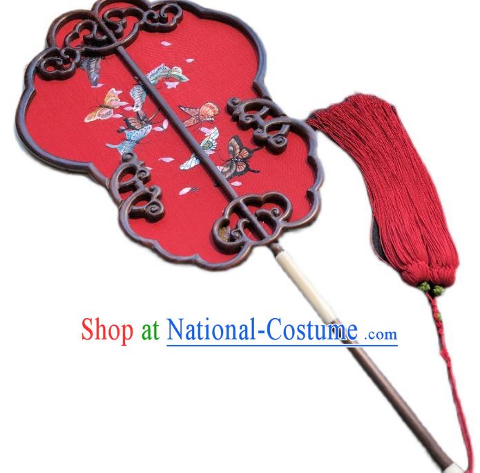 Handmade China Embroidered Red Silk Fan Traditional Wedding Fan Embroidery Butterfly Palace Fan