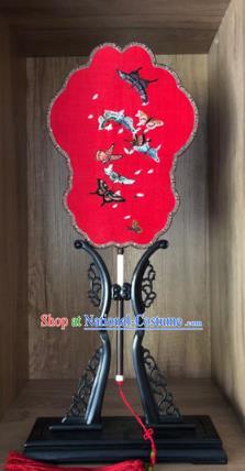 Handmade China Embroidered Red Silk Fan Traditional Wedding Fan Embroidery Butterfly Palace Fan