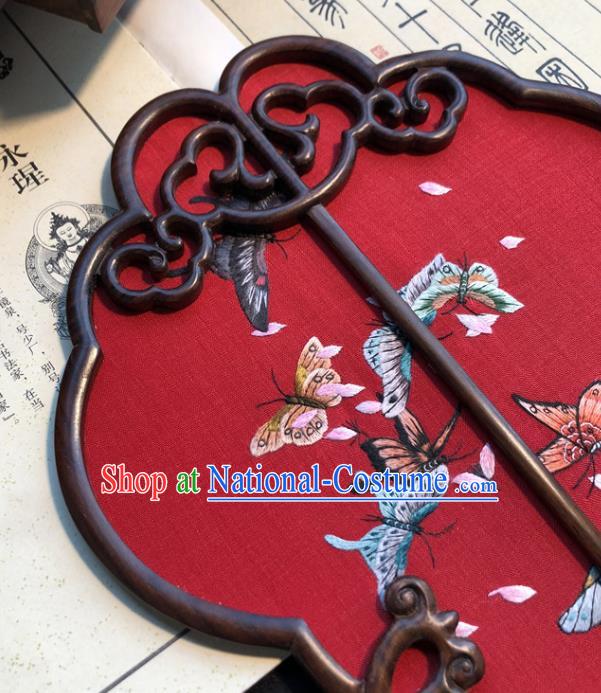 Handmade China Embroidered Red Silk Fan Traditional Wedding Fan Embroidery Butterfly Palace Fan