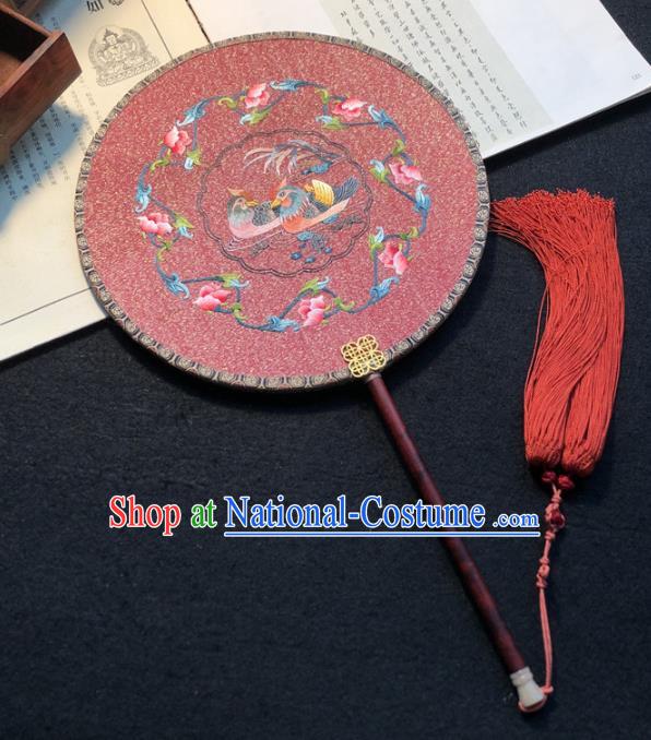 Handmade China Traditional Wedding Circular Fan Embroidery Mandarin Duck Palace Fan Embroidered Pink Silk Fan