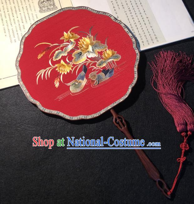 Handmade China Wedding Palace Fan Classical Dance Red Silk Fan Traditional Princess Embroidered Mandarin Duck Fan