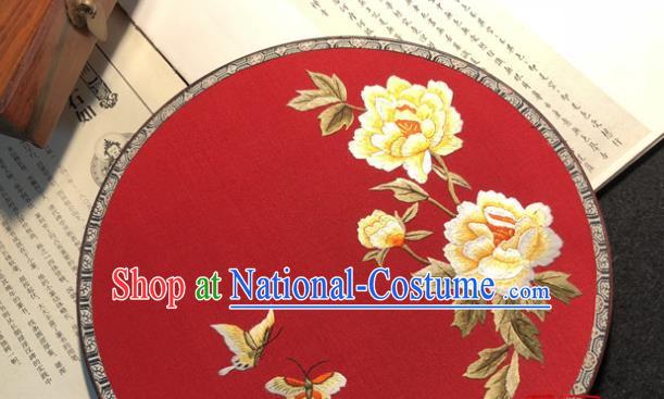 Handmade China Wedding Palace Fan Traditional Embroidered Peony Butterfly Circular Fan Classical Dance Red Silk Fan