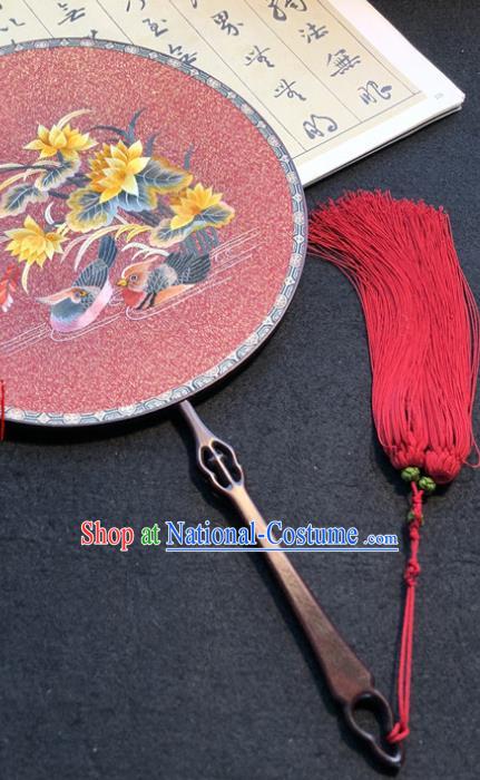 Handmade China Classical Dance Pink Silk Fan Ancient Princess Palace Fan Traditional Embroidered Mandarin Duck Circular Fan