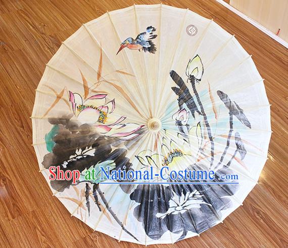 Traditional China Classical Ink Painting Lotus Paper Umbrella Handmade Umbrellas Artware White Oil Paper Umbrella