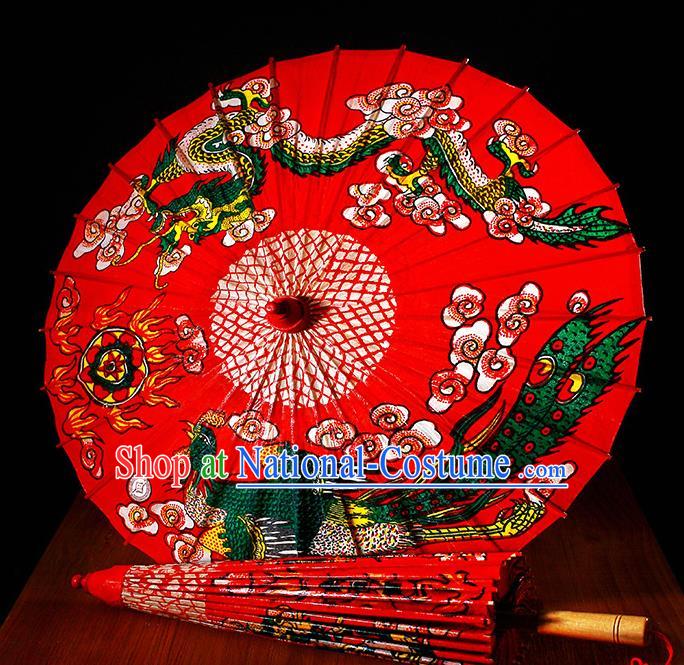 Traditional China Classical Printing Dragon Phoenix Paper Umbrella Handmade Umbrellas Artware Wedding Red Oil Paper Umbrella