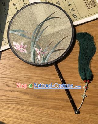 Handmade China Embroidered Orchids Silk Fan Princess Circular Fan Traditional Hanfu Fans Classical Palace Fan