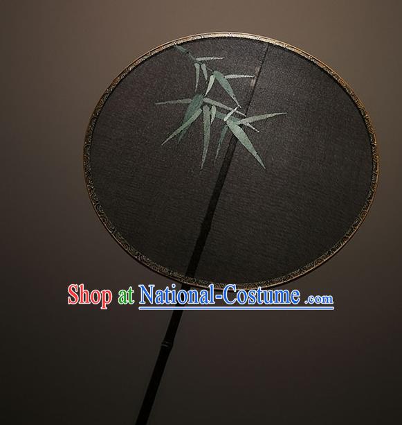 China Classical Bamboo Pattern Palace Fan Traditional Song Dynasty Hanfu Circular Fan Handmade Black Silk Fans