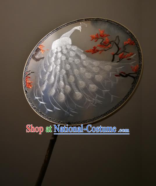 China Traditional Double Sides Circular Fan Handmade Embroidered White Peacock Silk Fans Classical Palace Fan