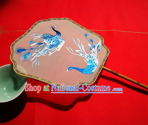 China Classical Palace Fan Traditional Double Sides Wedding Fan Handmade Embroidered Peacock Silk Fans