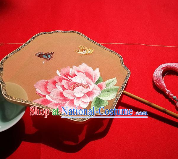 China Handmade Ginger Silk Fans Classical Palace Fan Traditional Double Sides Embroidered Peony Fan