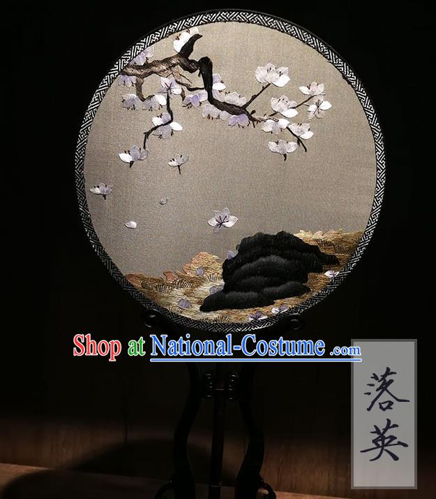 China Classical Dance Palace Fan Traditional Embroidered Sakura Circular Fan Handmade Double Sides Grey Silk Fan