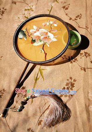 China Handmade Double Sides Yellow Silk Fan Classical Dance Palace Fan Traditional Embroidered Mangnolia Circular Fan