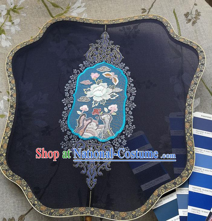 China Handmade Navy Silk Fan Wedding Fan Traditional Hanfu Embroidered Fan Classical Palace Fan