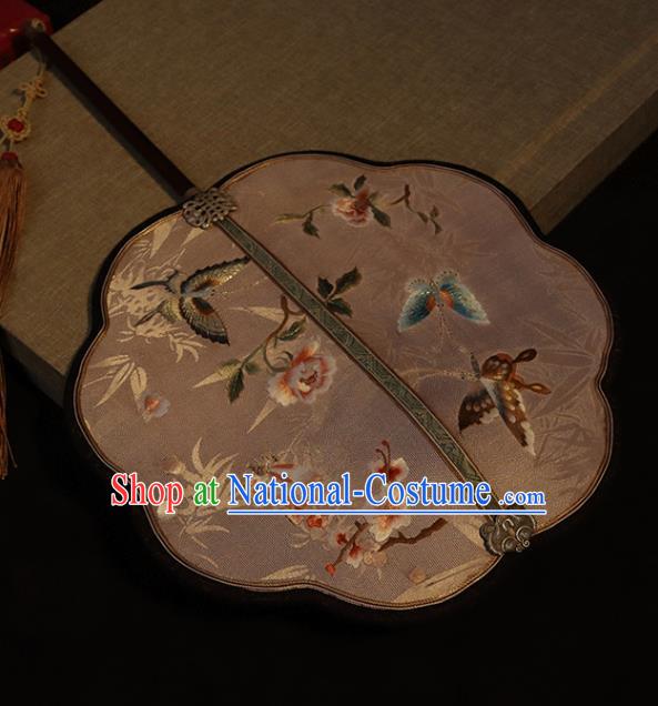 China Traditional Song Dynasty Hanfu Fan Embroidered Butterfly Fan Handmade Pink Silk Classical Wedding Palace Fan