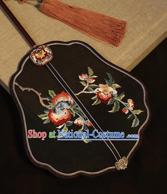 China Classical Wedding Palace Fan Traditional Ming Dynasty Hanfu Fan Embroidered Fan Handmade Black Silk Fan