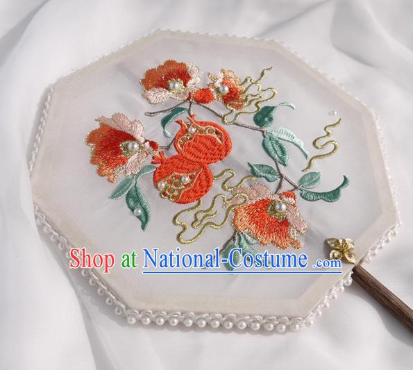 China Traditional Hanfu Fan Embroidered Pomegranate Palace Fan Handmade White Silk Octagon Fan