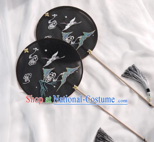 China Handmade Black Silk Circular Fan Traditional Hanfu Fan Embroidered Crane Palace Fan