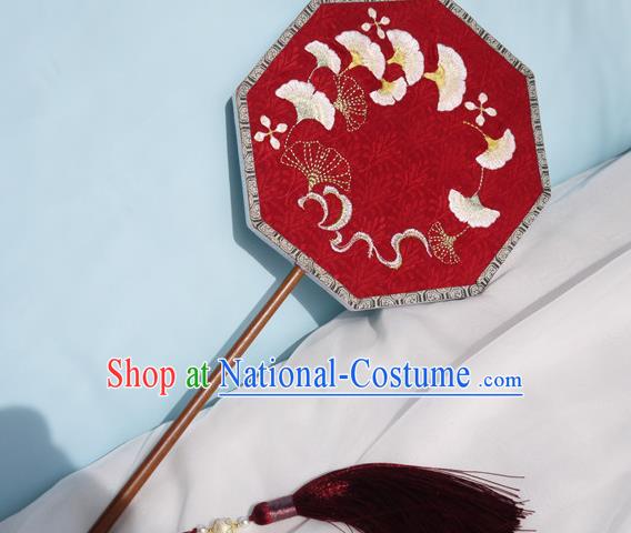 China Embroidered Ginkgo Leaf Palace Fan Handmade Red Silk Octagon Fan Traditional Hanfu Fan