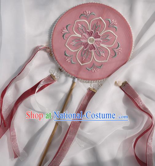 China Handmade Pink Silk Circular Fan Traditional Tang Dynasty Hanfu Fan Ancient Princess Embroidered Palace Fan