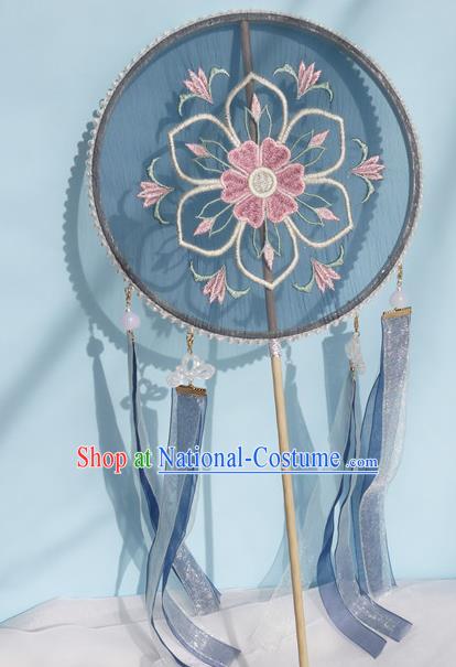 China Traditional Tang Dynasty Princess Fan Handmade Embroidered Palace Fan Navy Silk Circular Fan