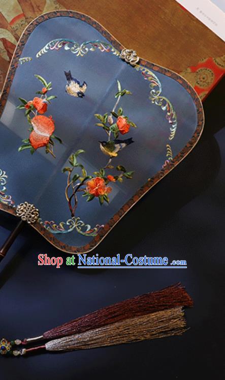 China Classical Palace Fan Traditional Ming Dynasty Hanfu Embroidered Pomegranate Fan Handmade Blue Silk Fan