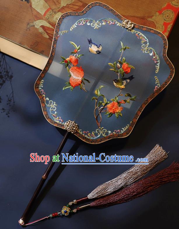 China Handmade Blue Silk Fan Classical Palace Fan Traditional Ming Dynasty Hanfu Embroidered Pomegranate Fan