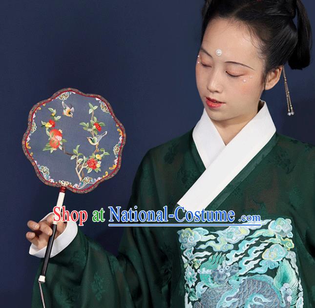 China Embroidered Palace Fan Handmade Wedding Blue Silk Fan Traditional Ming Dynasty Princess Fan