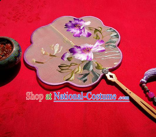 Handmade China Traditional Hanfu Fans Wedding Silk Fan Embroidered Purple Flower Fan Classical Palace Fan