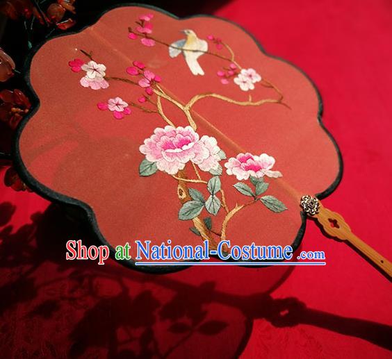 Handmade China Classical Palace Fan Traditional Hanfu Fans Wedding Red Silk Fan Embroidered Peony Fan