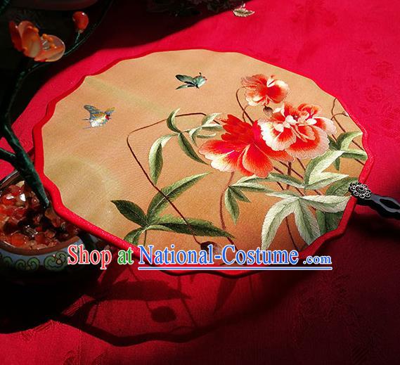 Handmade China Classical Palace Fan Traditional Hanfu Fans Wedding Silk Fan Embroidered Red Flowers Fan