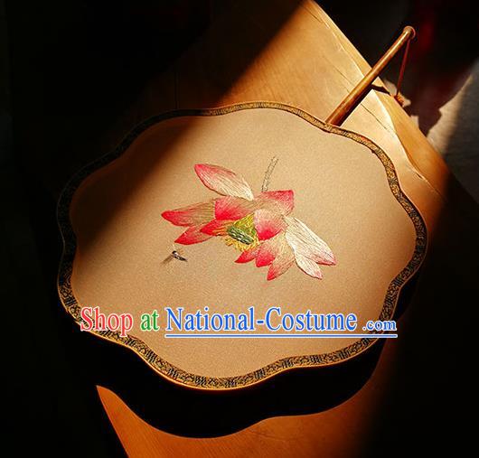 Handmade China Embroidered Lotus Fan Classical Palace Fan Traditional Wedding Silk Fan