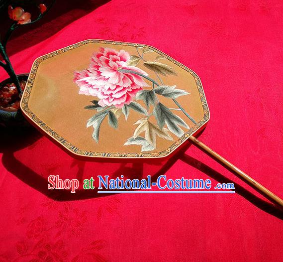 Handmade China Classical Palace Fan Embroidered Peony Fan Traditional Hanfu Yellow Silk Fan