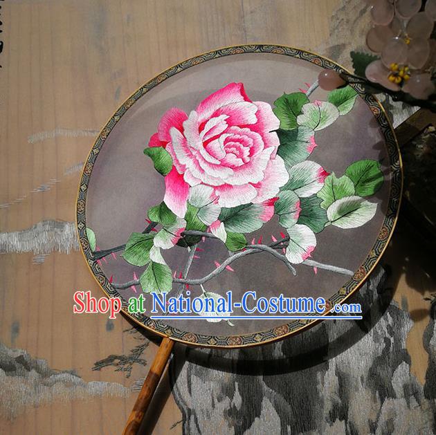 Handmade China Circular Fan Traditional Palace Fan Hanfu Silk Fan Embroidered Rose Fan