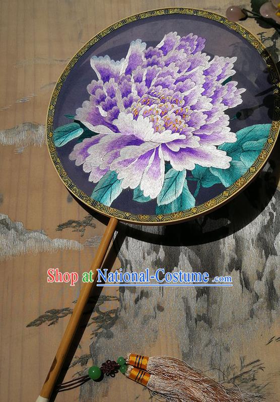 Handmade China Embroidered Purple Peony Fan Hanfu Silk Fan Circular Fan Traditional Palace Fan