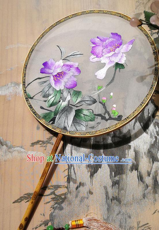 Handmade China Hanfu Silk Fan Circular Fan Traditional Palace Fan Embroidered Purple Peony Fan