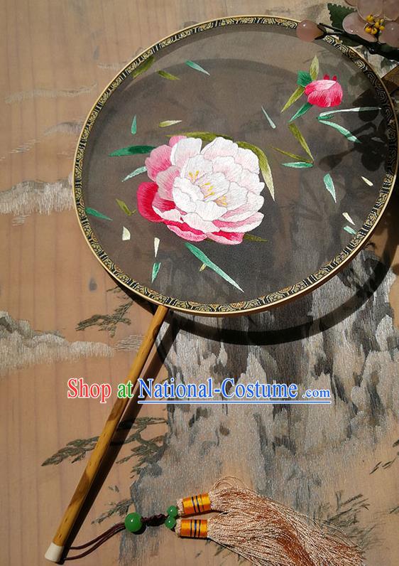 Handmade China Traditional Palace Fan Embroidered Peony Fan Hanfu Black Silk Fan Circular Fan