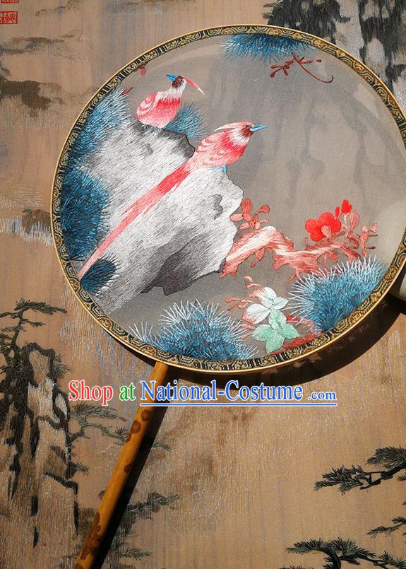 Handmade China Traditional Hanfu Grey Silk Fan Circular Fan Palace Fan Embroidered Birds Fan